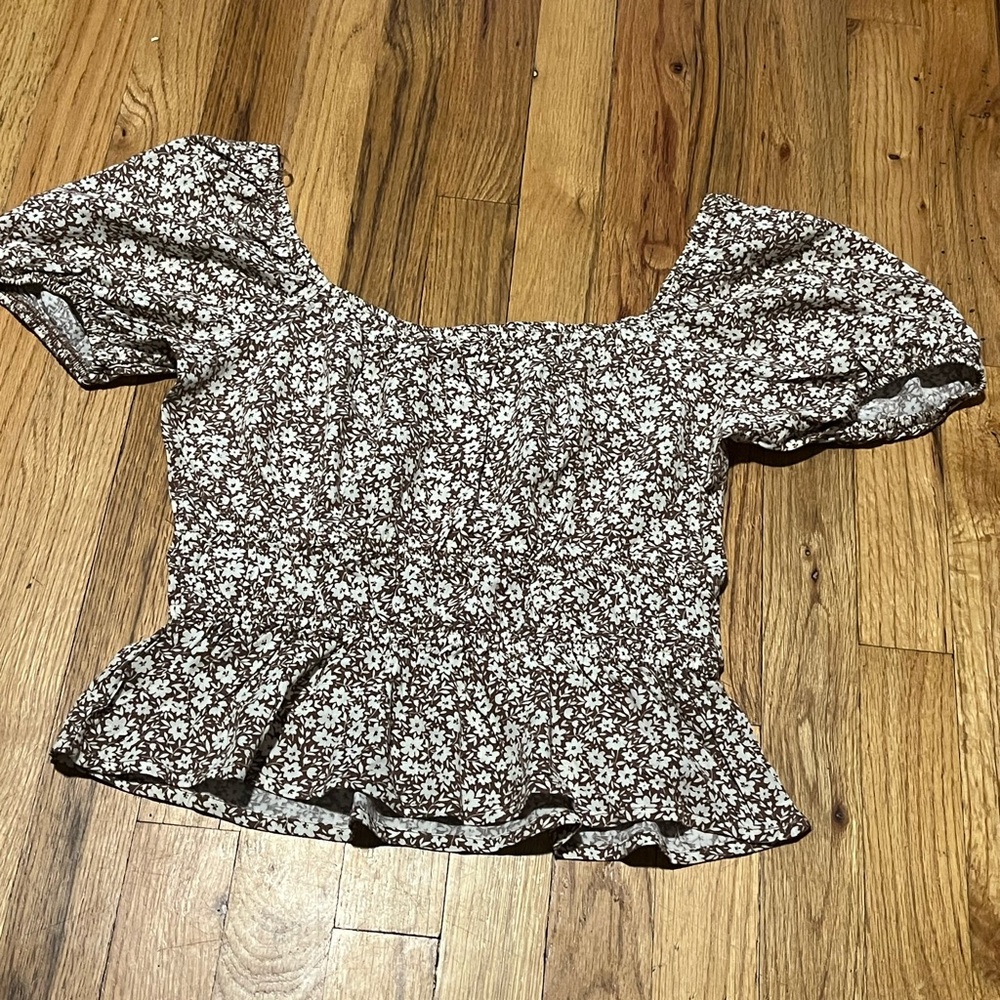 SO Brown Floral Peplum Top Size S Puff Sleeve Cottagecore Rayon - Picture 3 of 7